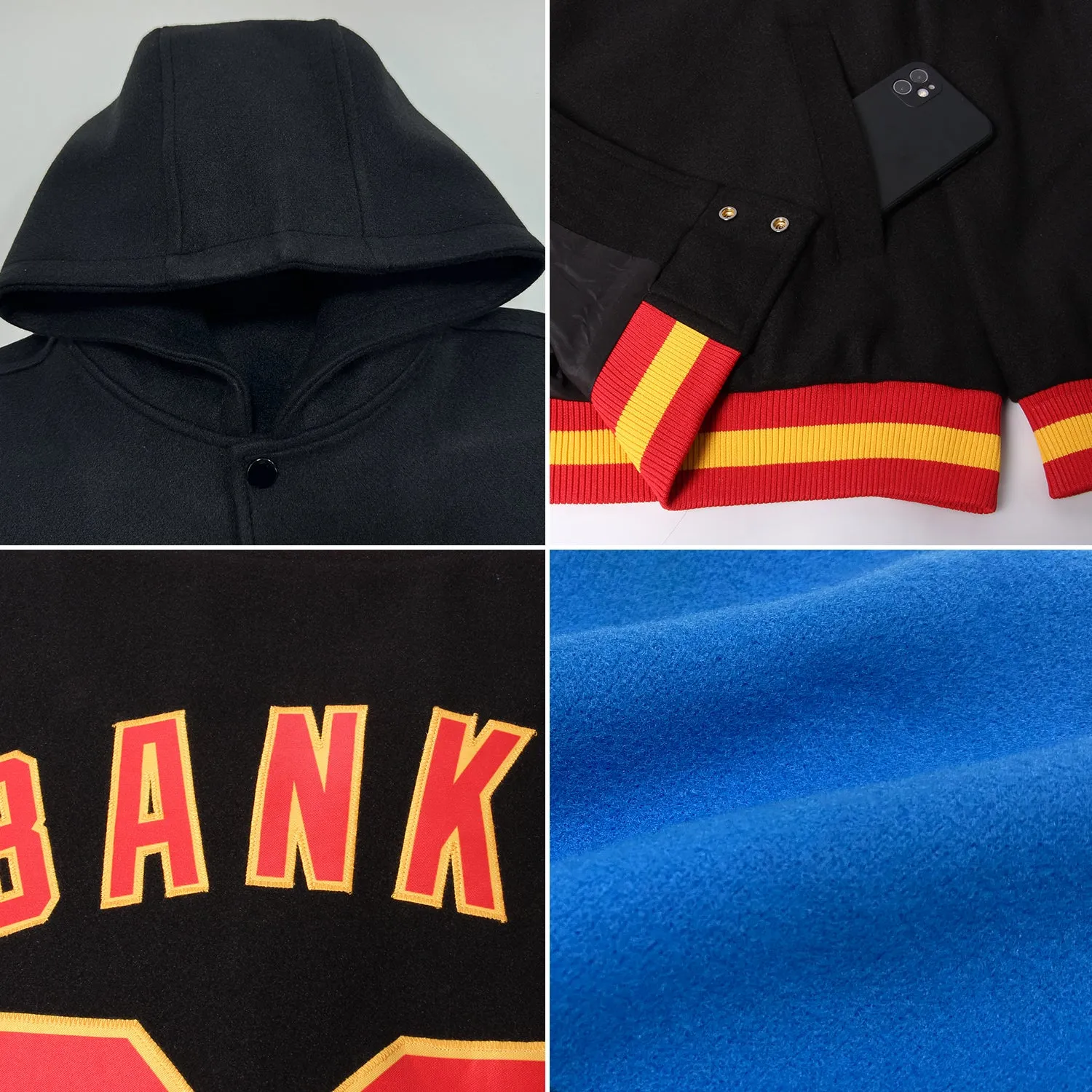 Custom Powder Blue Black-Red Bomber Full-Snap Varsity Letterman Two Tone Hoodie Jacket