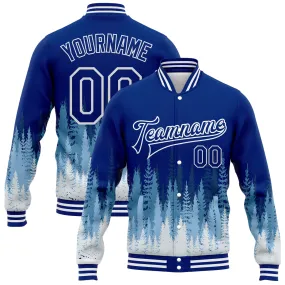 Custom Royal White Christmas Tree 3D Bomber Full-Snap Varsity Letterman Jacket