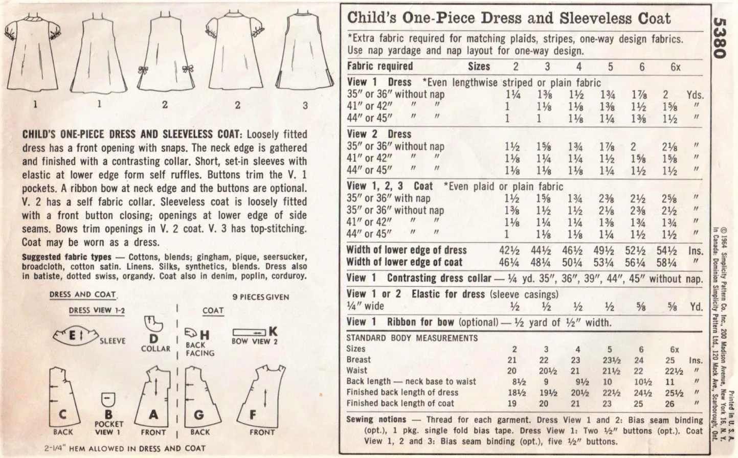 CUTE 60s Toddler Little Girls Dress Pattern SIMPLICITY 5380 Dress and Sleeveless Coat Sweet Style Size 6X Childrens Vintage Sewing Pattern UNCUT