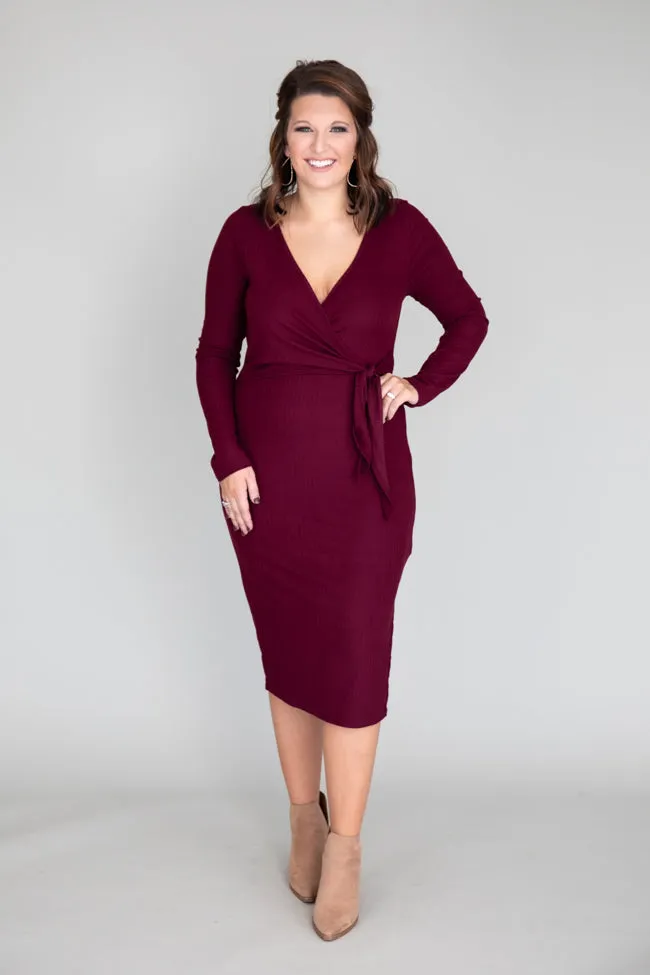 Daring Heart Ribbed Midi Burgundy Dress