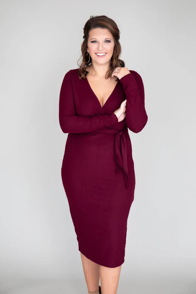 Daring Heart Ribbed Midi Burgundy Dress