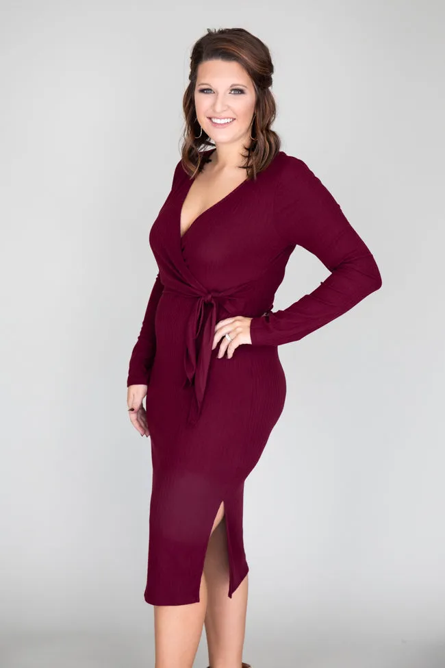 Daring Heart Ribbed Midi Burgundy Dress