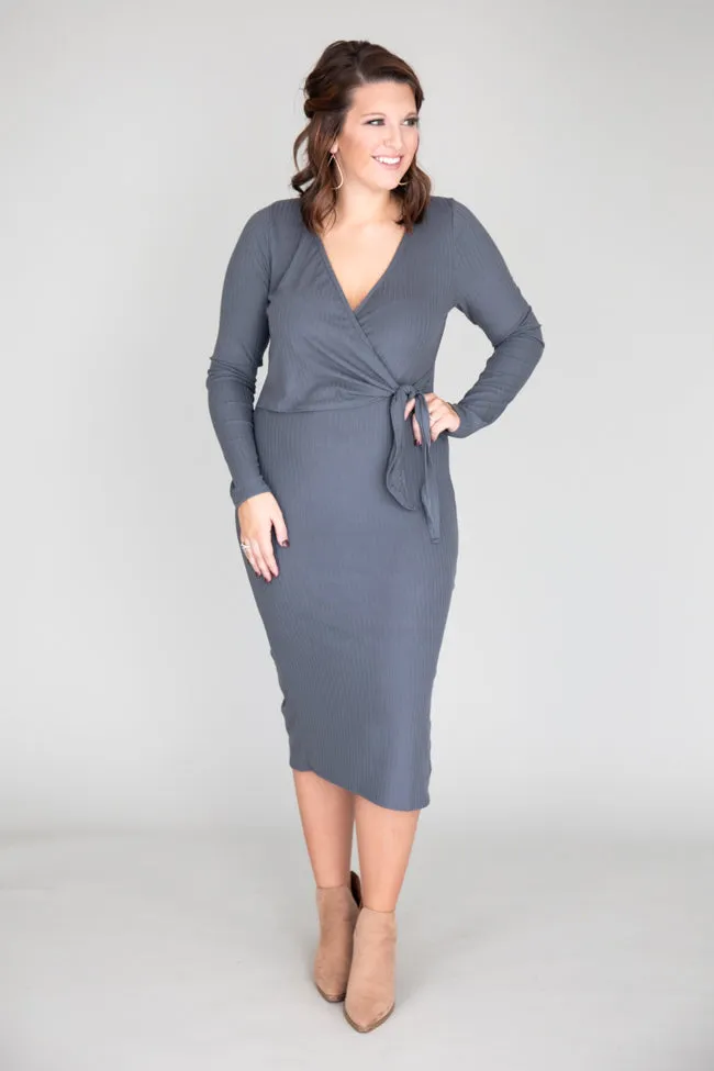 Daring Heart Ribbed Midi Grey Dress