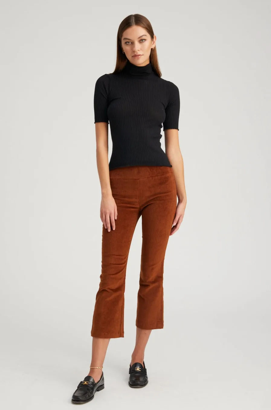 Dark Cognac Corduroy Crop Flare Pants