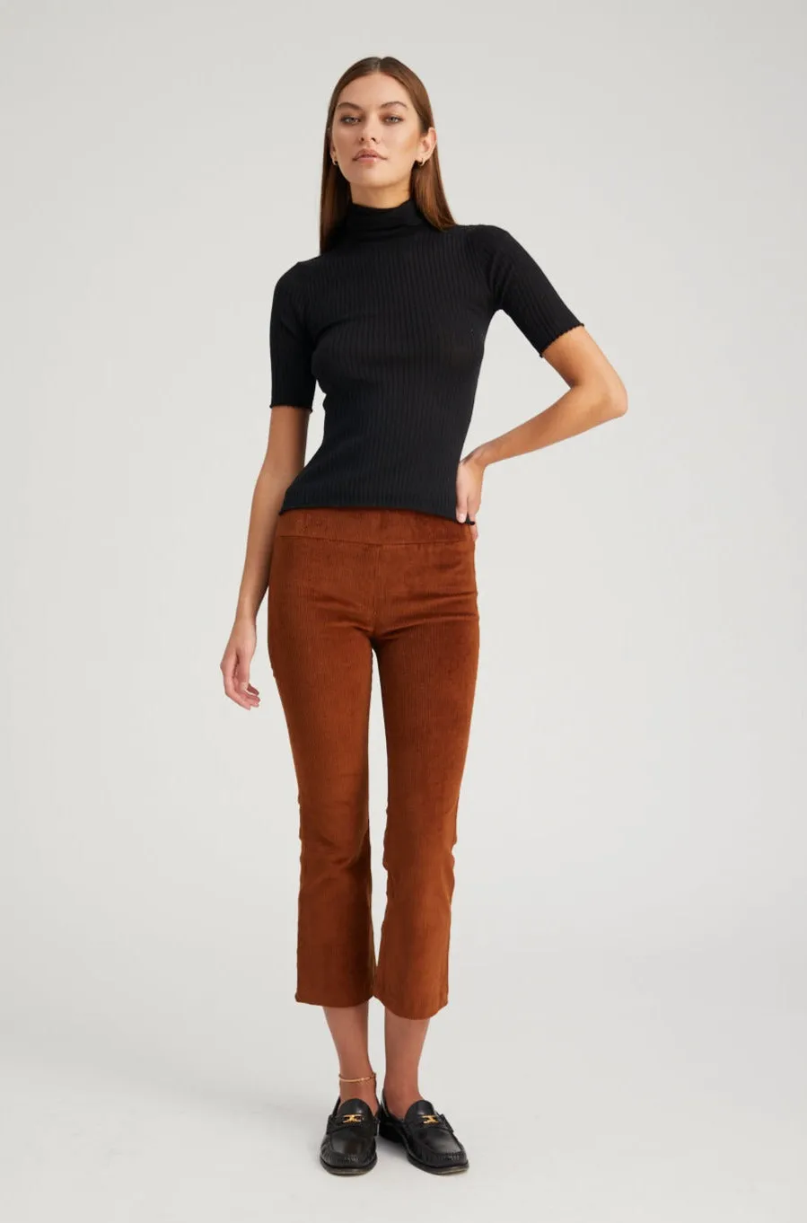 Dark Cognac Corduroy Crop Flare Pants