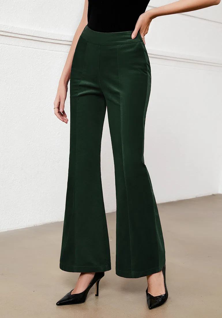 Dark Green Women's Bell Bottom Corduroy Flare High Waisted Front Seam Slacks