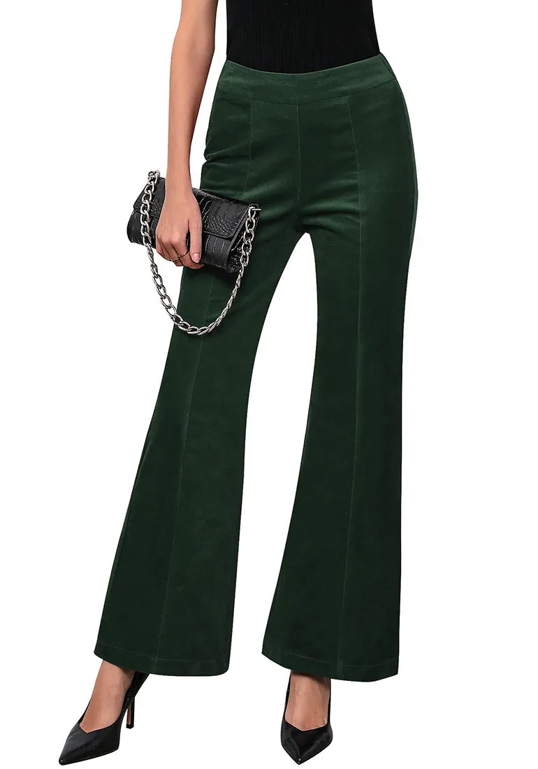 Dark Green Women's Bell Bottom Corduroy Flare High Waisted Front Seam Slacks