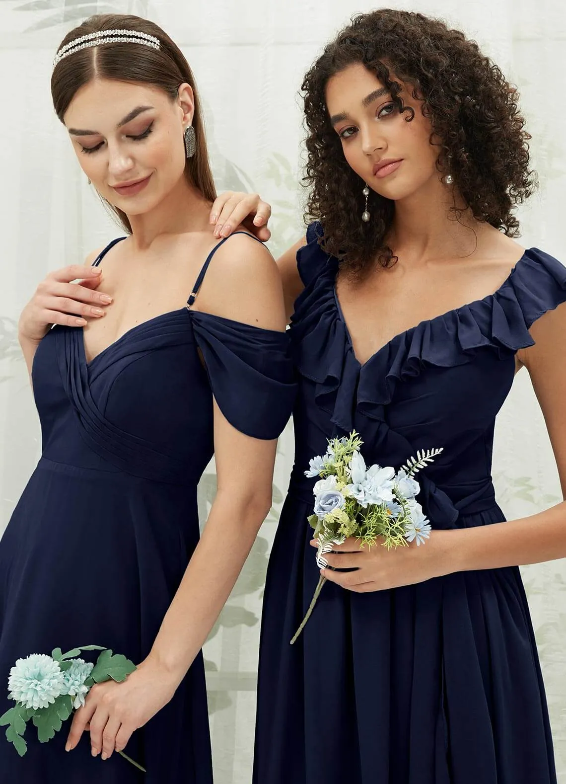 Dark Navy Chiffon Ruffle Cross Straps V-Neck Wrap Bridesmaid Dress