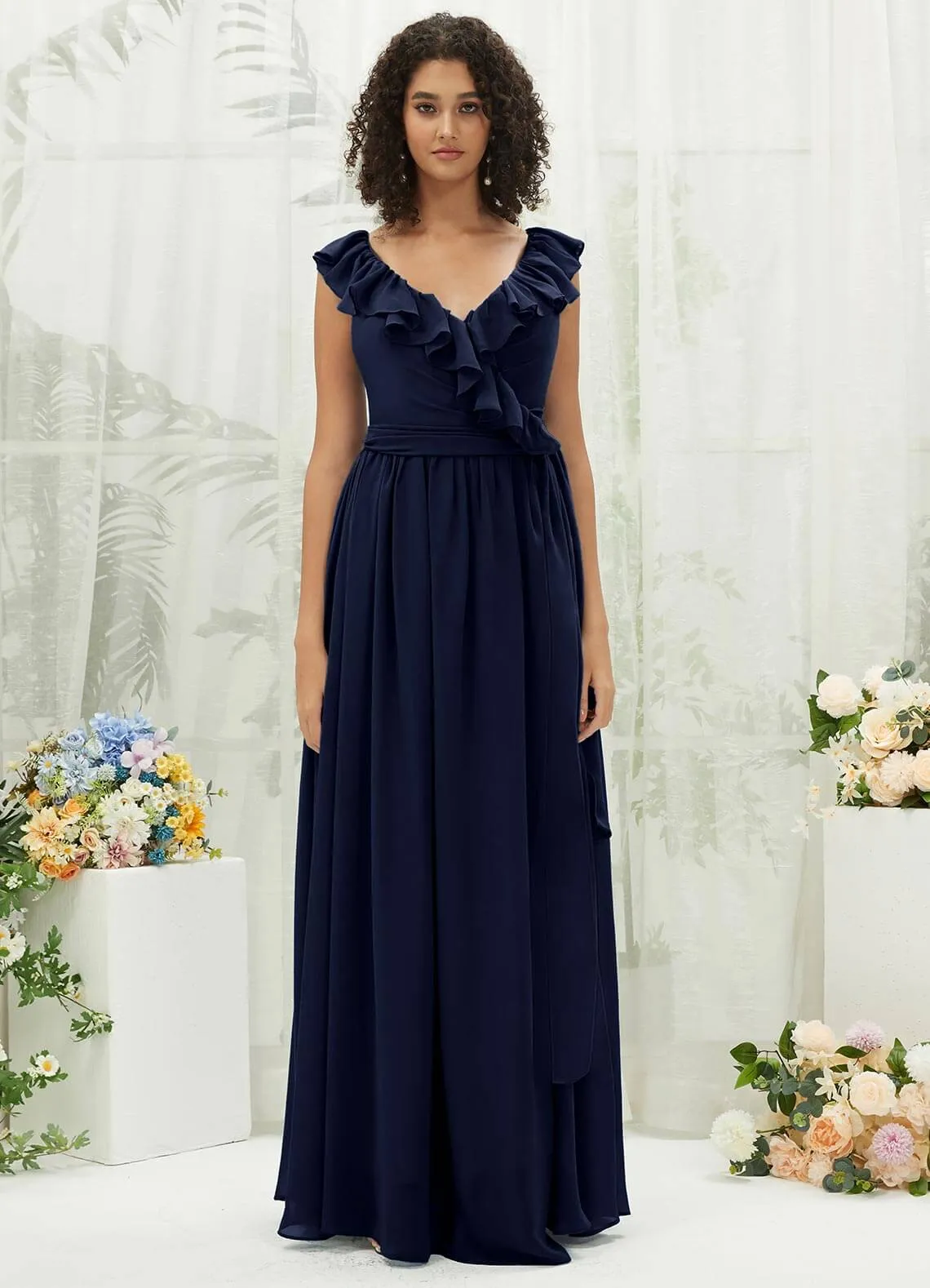 Dark Navy Chiffon Ruffle Cross Straps V-Neck Wrap Bridesmaid Dress