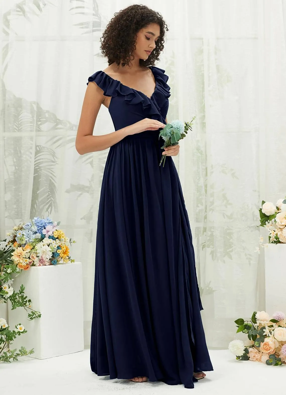 Dark Navy Chiffon Ruffle Cross Straps V-Neck Wrap Bridesmaid Dress