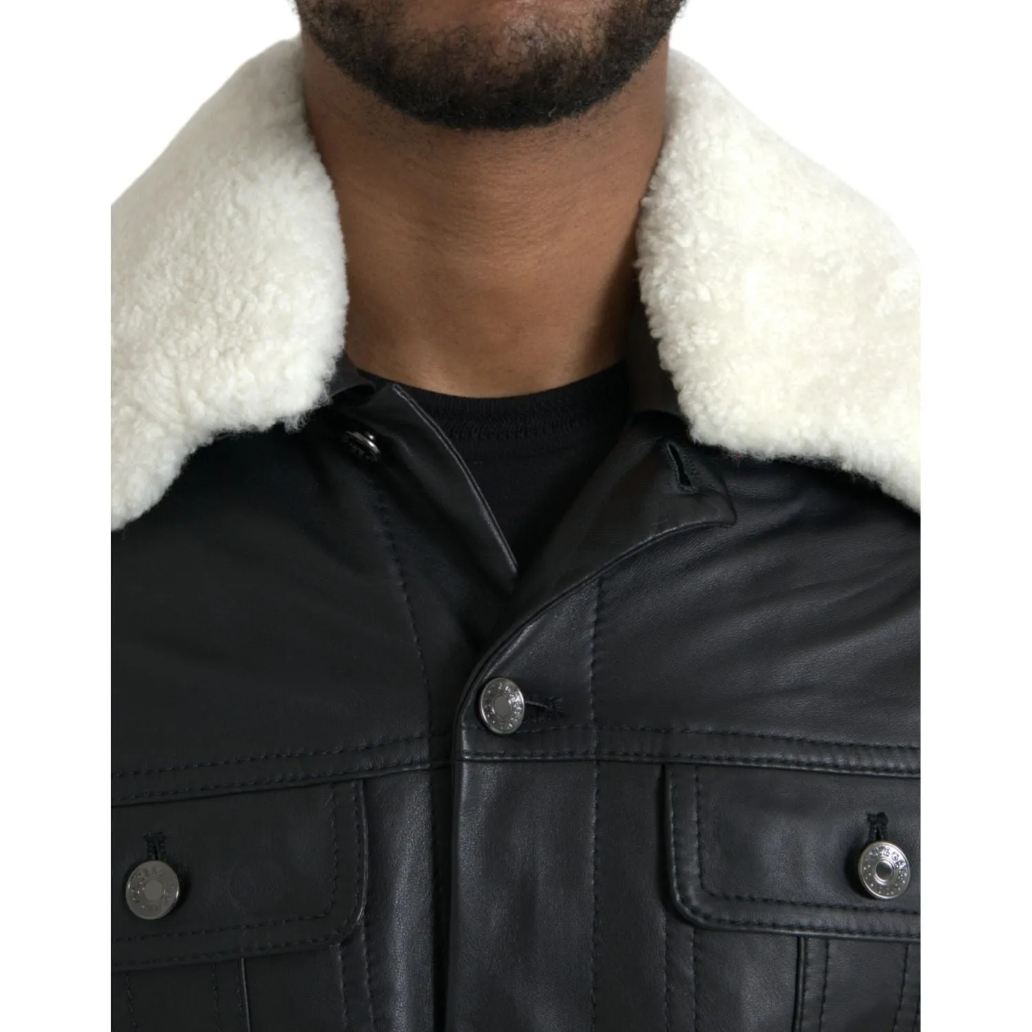 Dolce & Gabbana Black Leather Fur Collar Biker Coat Jacket