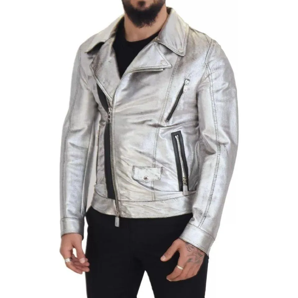 Dolce & Gabbana Silver Leather Biker Coat Lambskin Jacket