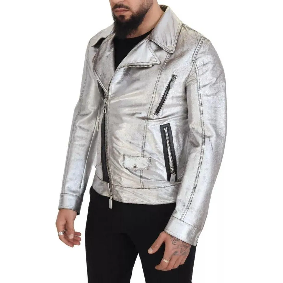 Dolce & Gabbana Silver Leather Biker Coat Lambskin Jacket