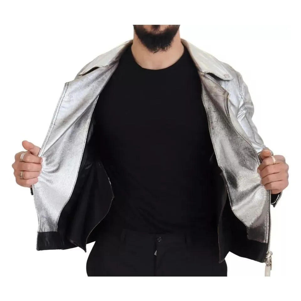 Dolce & Gabbana Silver Leather Biker Coat Lambskin Jacket