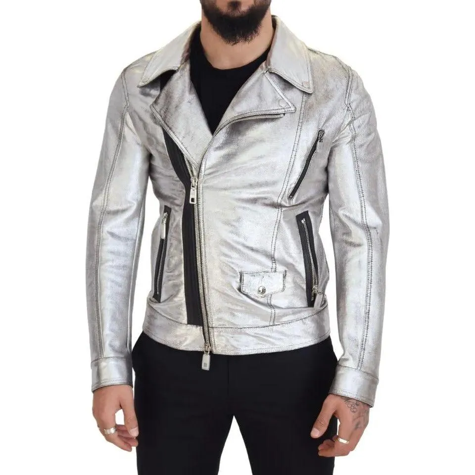 Dolce & Gabbana Silver Leather Biker Coat Lambskin Jacket