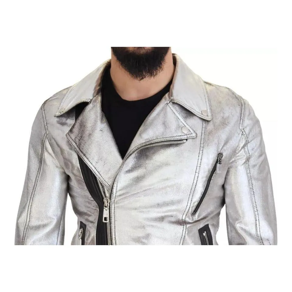 Dolce & Gabbana Silver Leather Biker Coat Lambskin Jacket