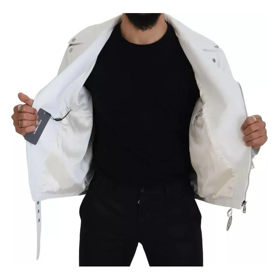 Dolce & Gabbana White Leather Biker Coat Zipper Jacket