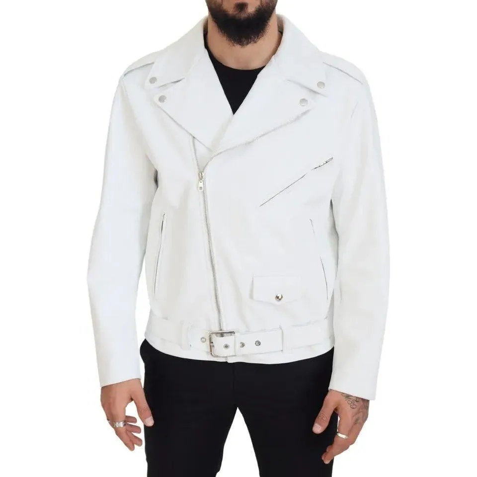 Dolce & Gabbana White Leather Biker Coat Zipper Jacket