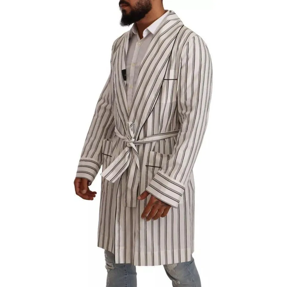 Dolce & Gabbana White Striped Cotton Robe Coat Wrap Jacket