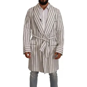 Dolce & Gabbana White Striped Cotton Robe Coat Wrap Jacket