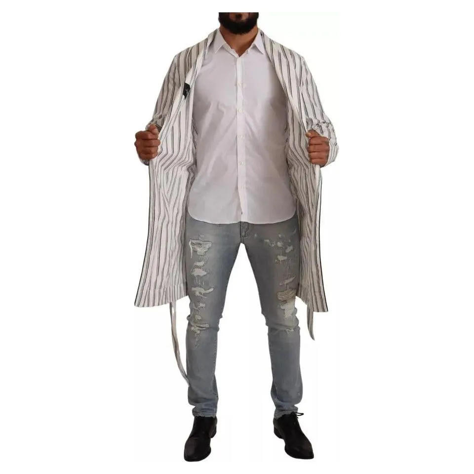 Dolce & Gabbana White Striped Cotton Robe Coat Wrap Jacket