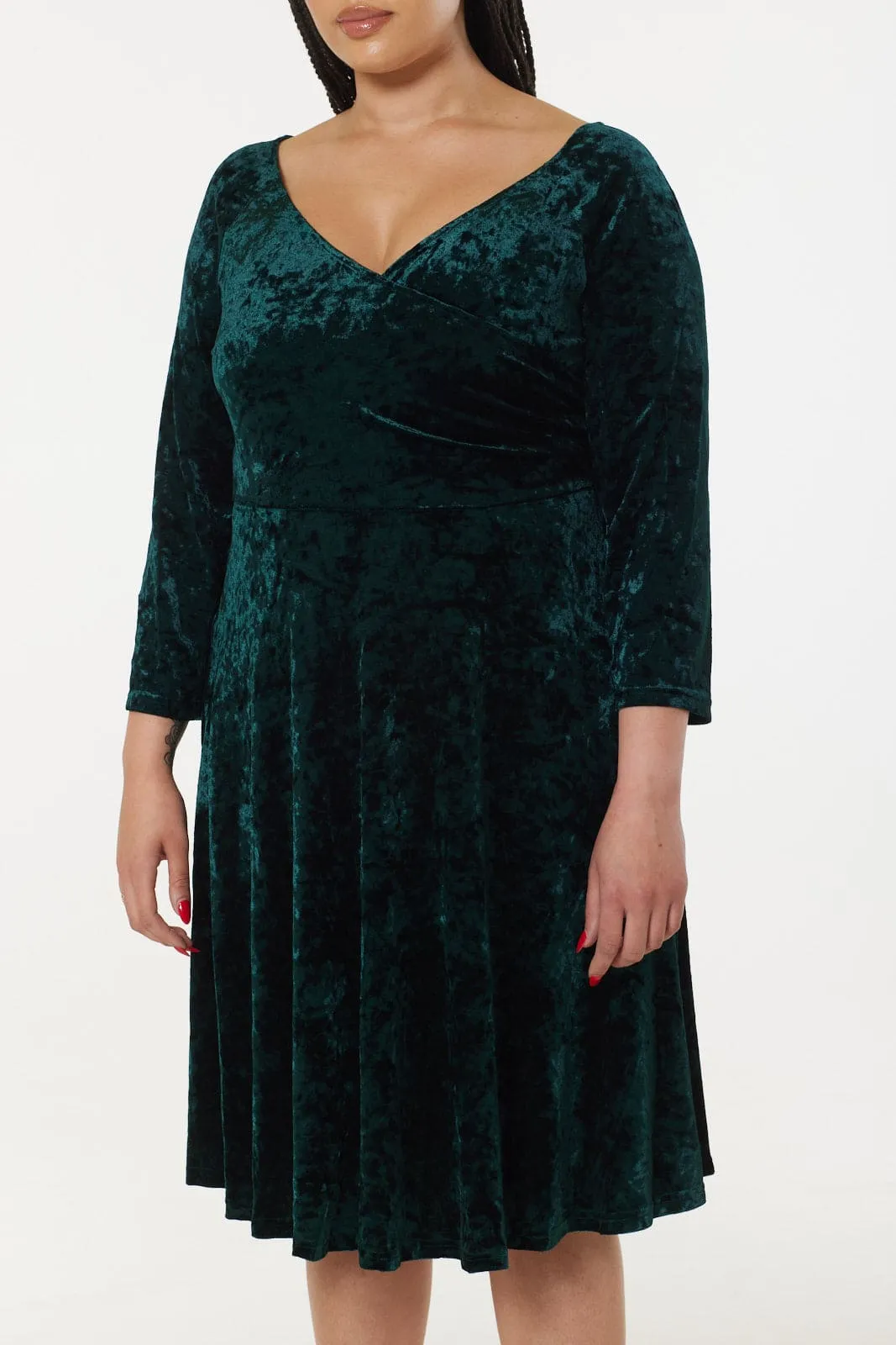 Dovey Festive Green Velvet Midi Fit and Flare Swing Dress