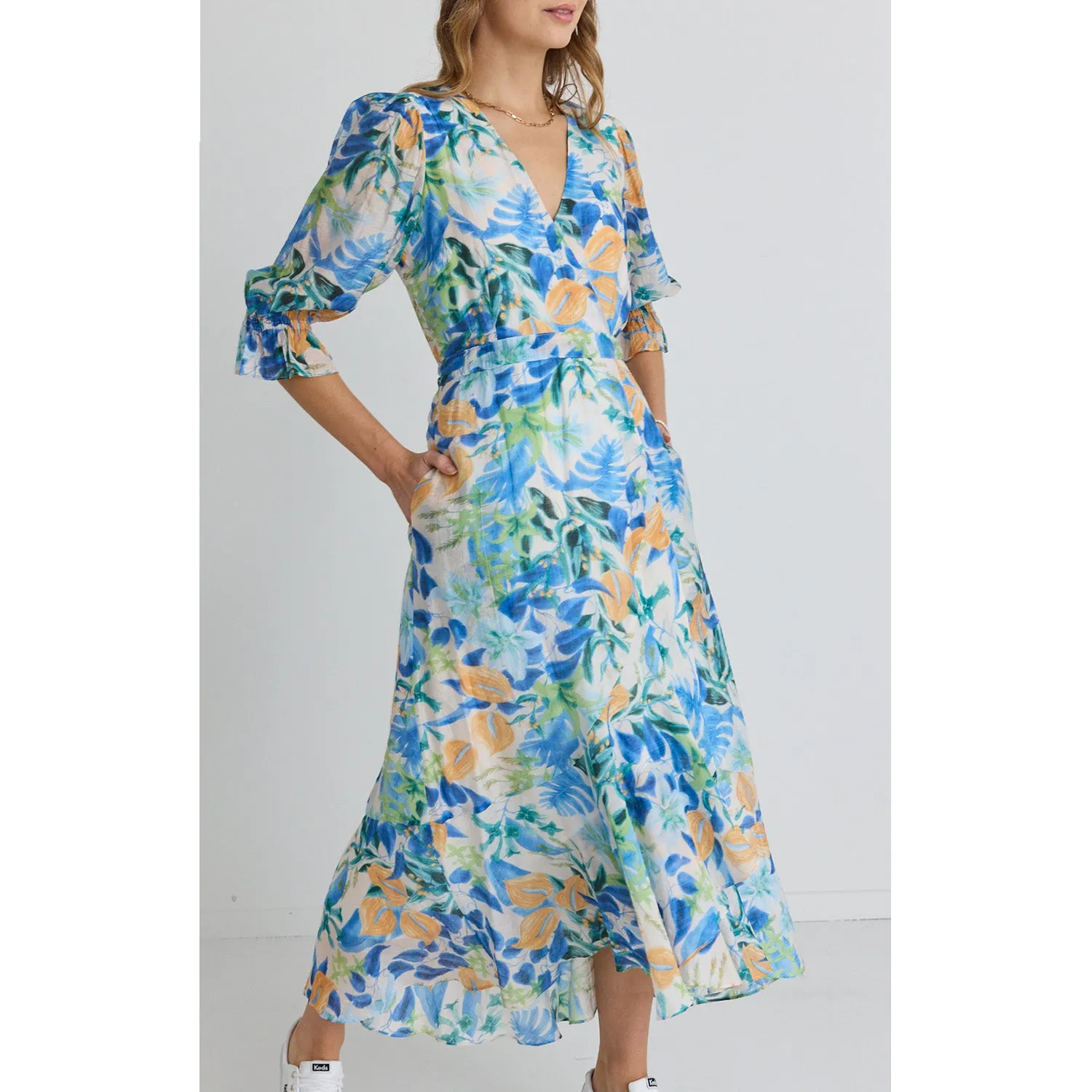 Dress Magnolia Midi Wrap - Blue Orange Tropical