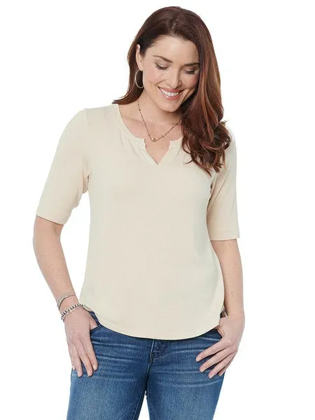 Elbow Sleeve Notch Neck  Shirttail Hem Top