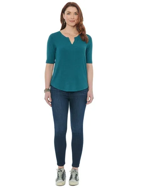 Elbow Sleeve Notch Neck  Shirttail Hem Top