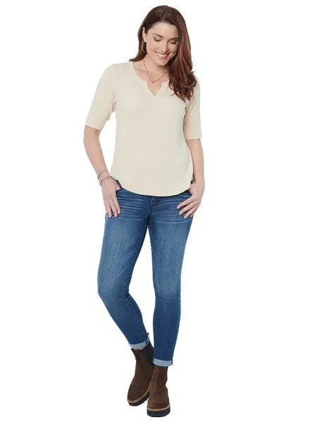 Elbow Sleeve Notch Neck  Shirttail Hem Top