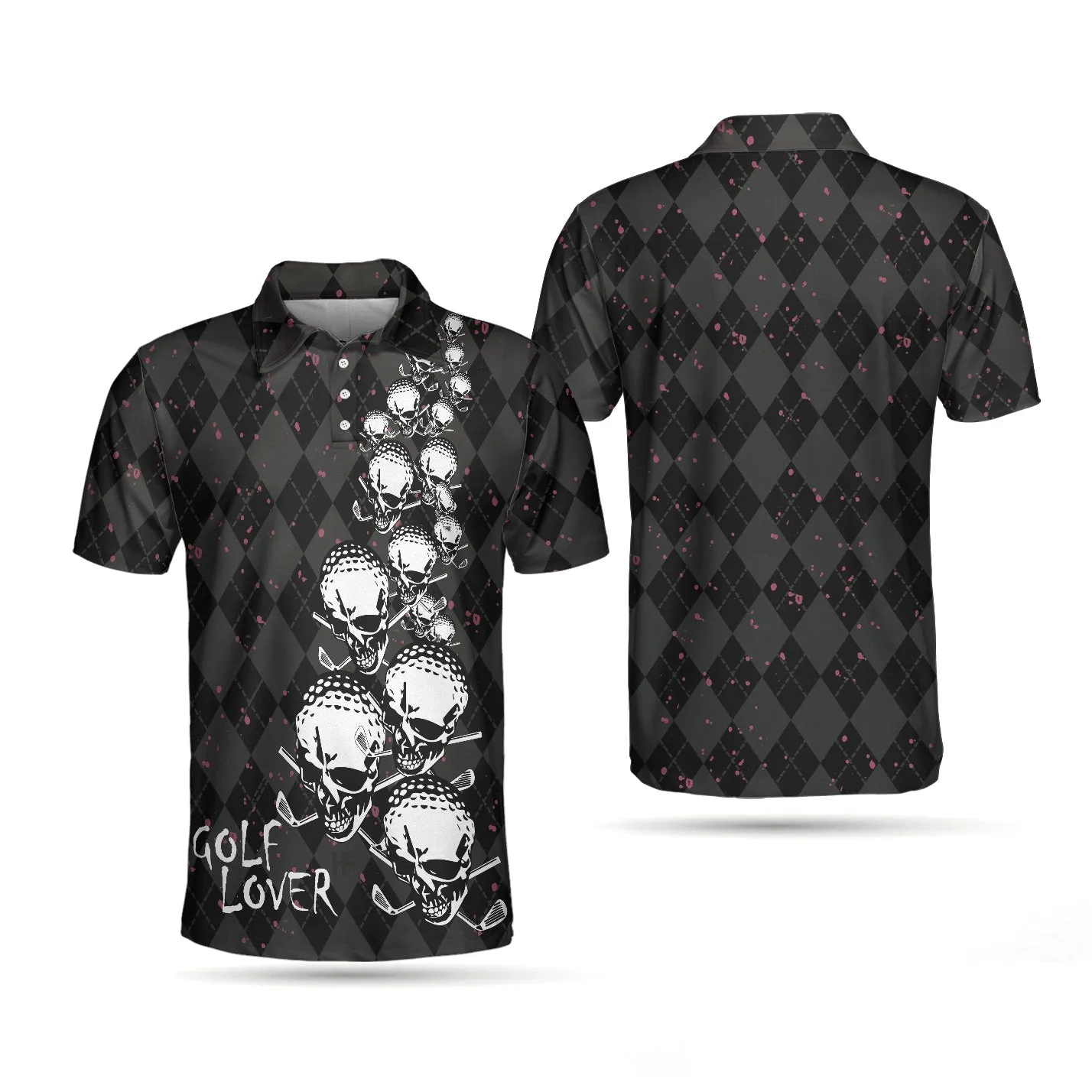 Elegant Argyle Pattern And Skull Golf Lover Polo Shirt, Black Skull Golf Shirt For Men Coolspod