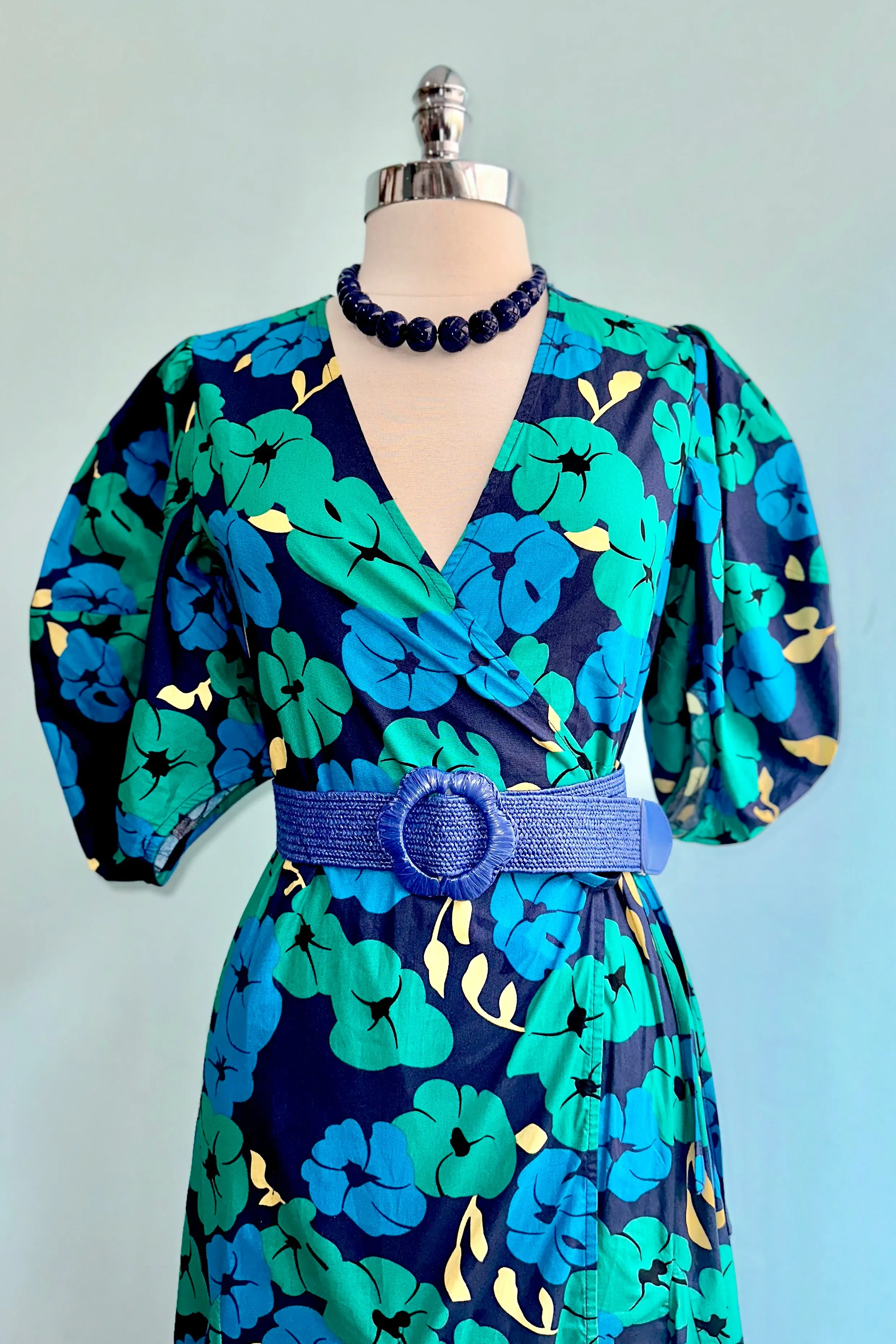 Emerald and Navy Balloon Sleeve Wrap Dress