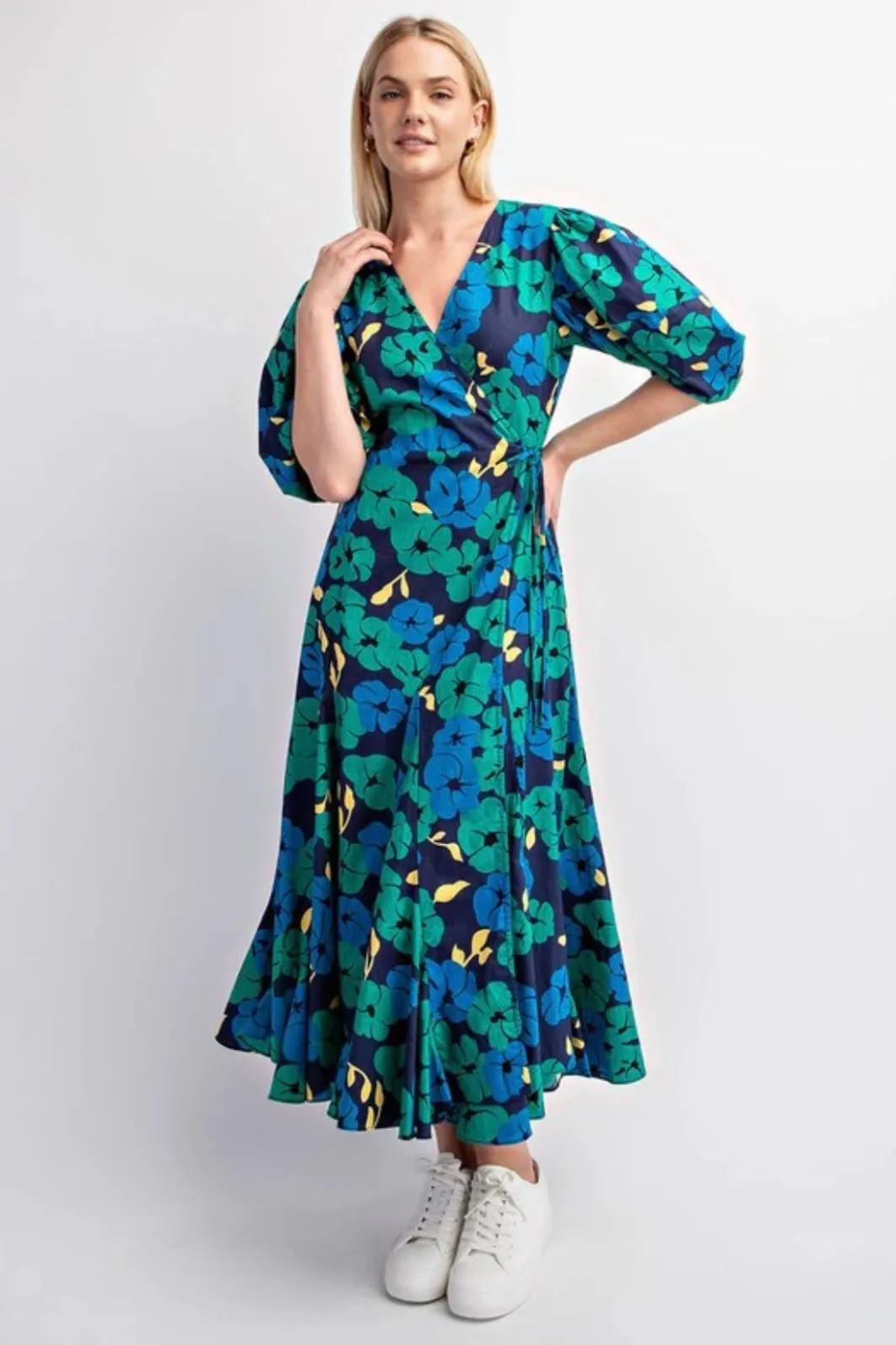 Emerald and Navy Balloon Sleeve Wrap Dress