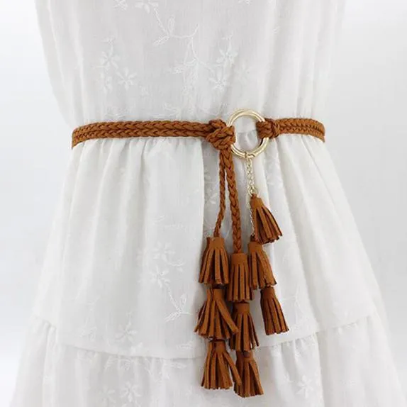 Fashion Women Solid Color Braided Tassel Belt Boho Girls Thin Waist Rope Knit Belts for Dress Waistbands Accessories