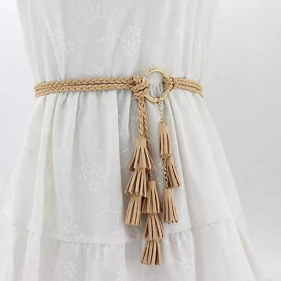 Fashion Women Solid Color Braided Tassel Belt Boho Girls Thin Waist Rope Knit Belts for Dress Waistbands Accessories