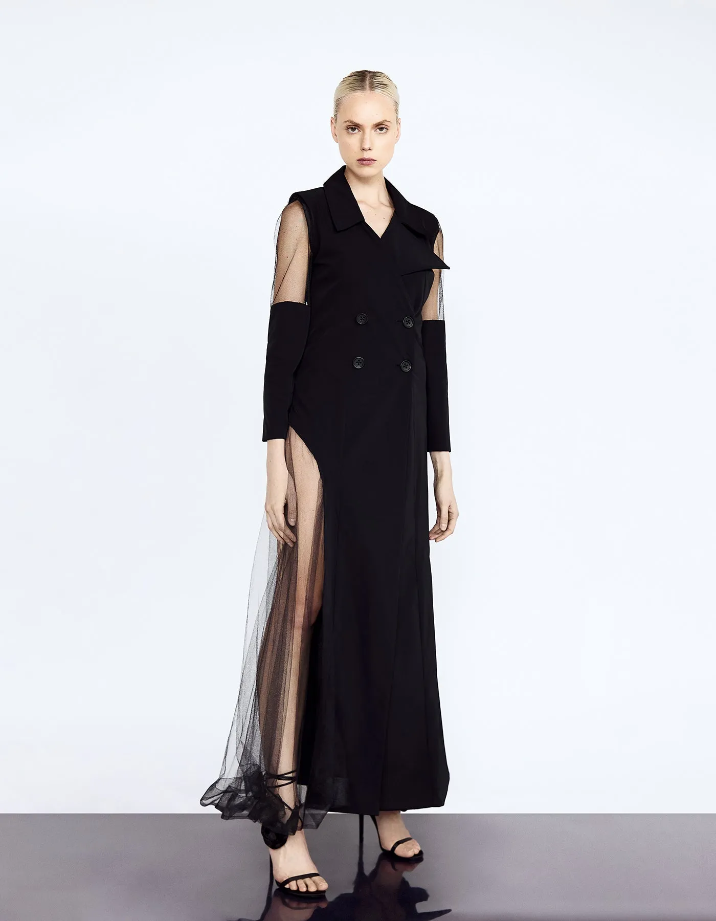 Formal Deconstructed Coat Tailored In Nylon And Tulle