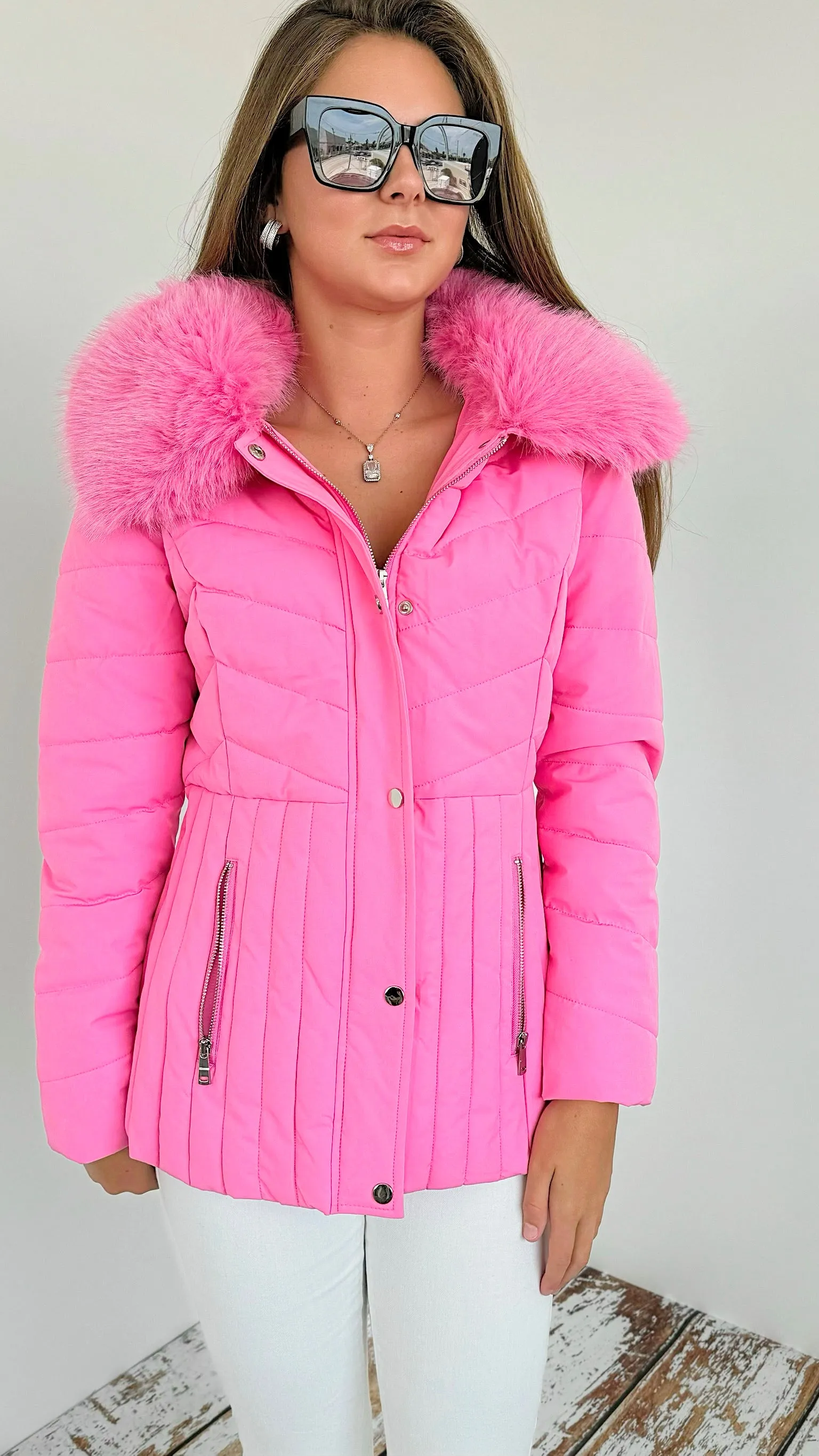 Fur Collar Puffer Jacket- Pink