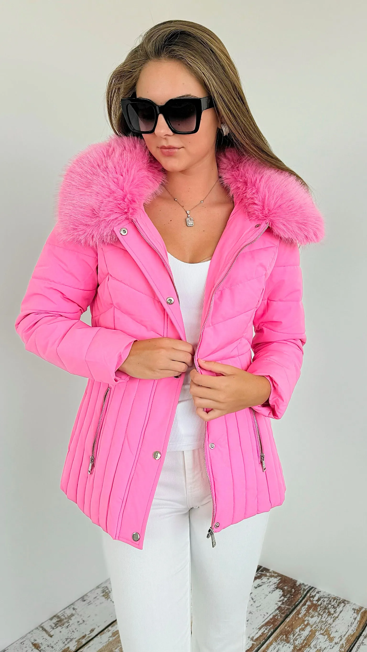 Fur Collar Puffer Jacket- Pink