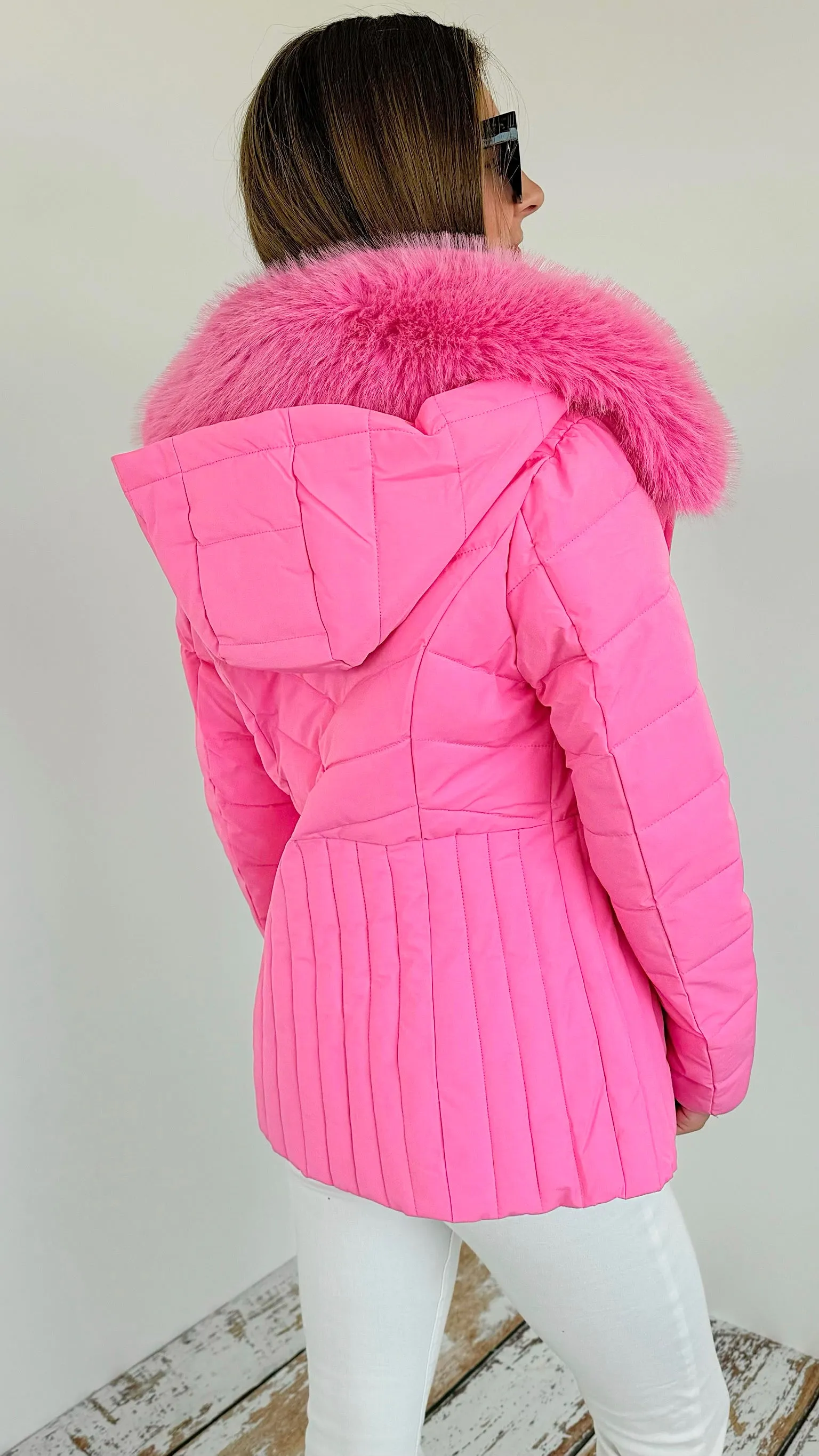 Fur Collar Puffer Jacket- Pink