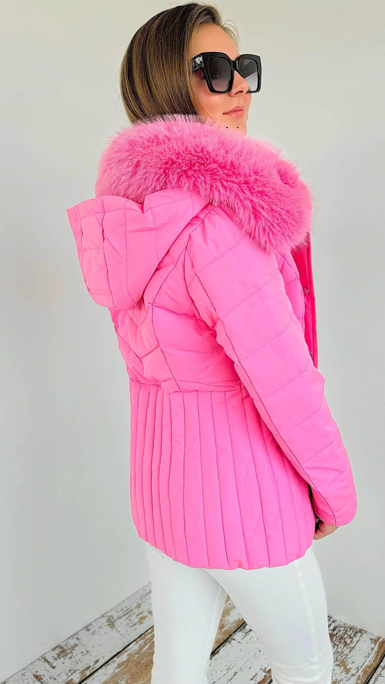 Fur Collar Puffer Jacket- Pink