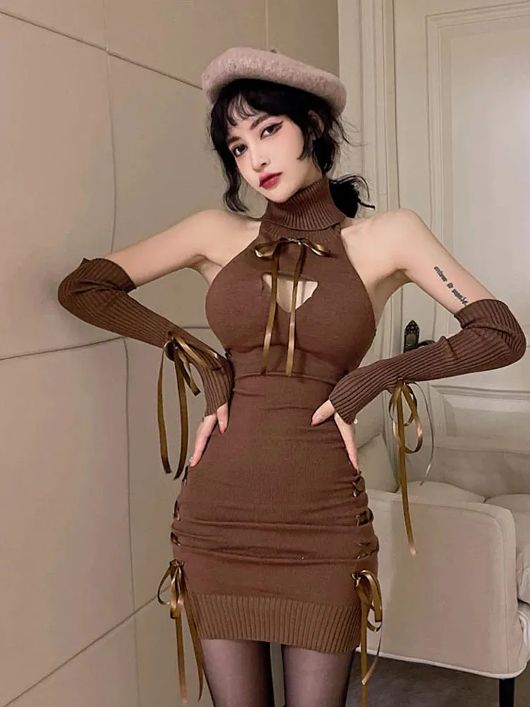 Girlary Sexy Club Sheath Knit Dresses For Women Turtleneck Slim Fit Bottoming Dresses Fashion Party Evening Dress Separate Sleeve