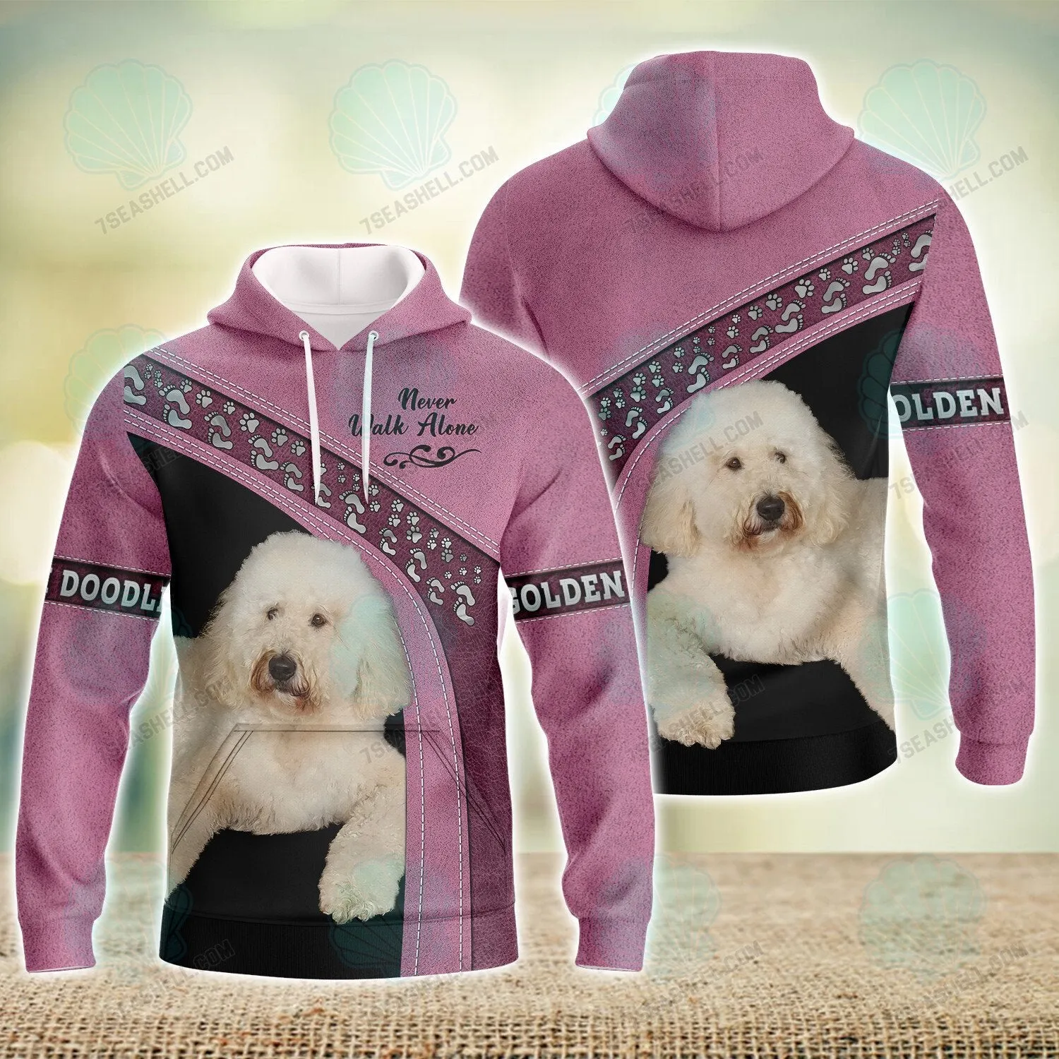 Golden Doodle Pink Love Never Walk Alone Love 3D Full Print Shirts, Christmas Dog Memorial Gifts for loss of Dog