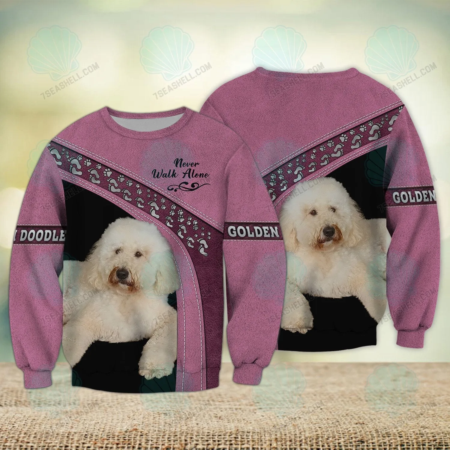 Golden Doodle Pink Love Never Walk Alone Love 3D Full Print Shirts, Christmas Dog Memorial Gifts for loss of Dog