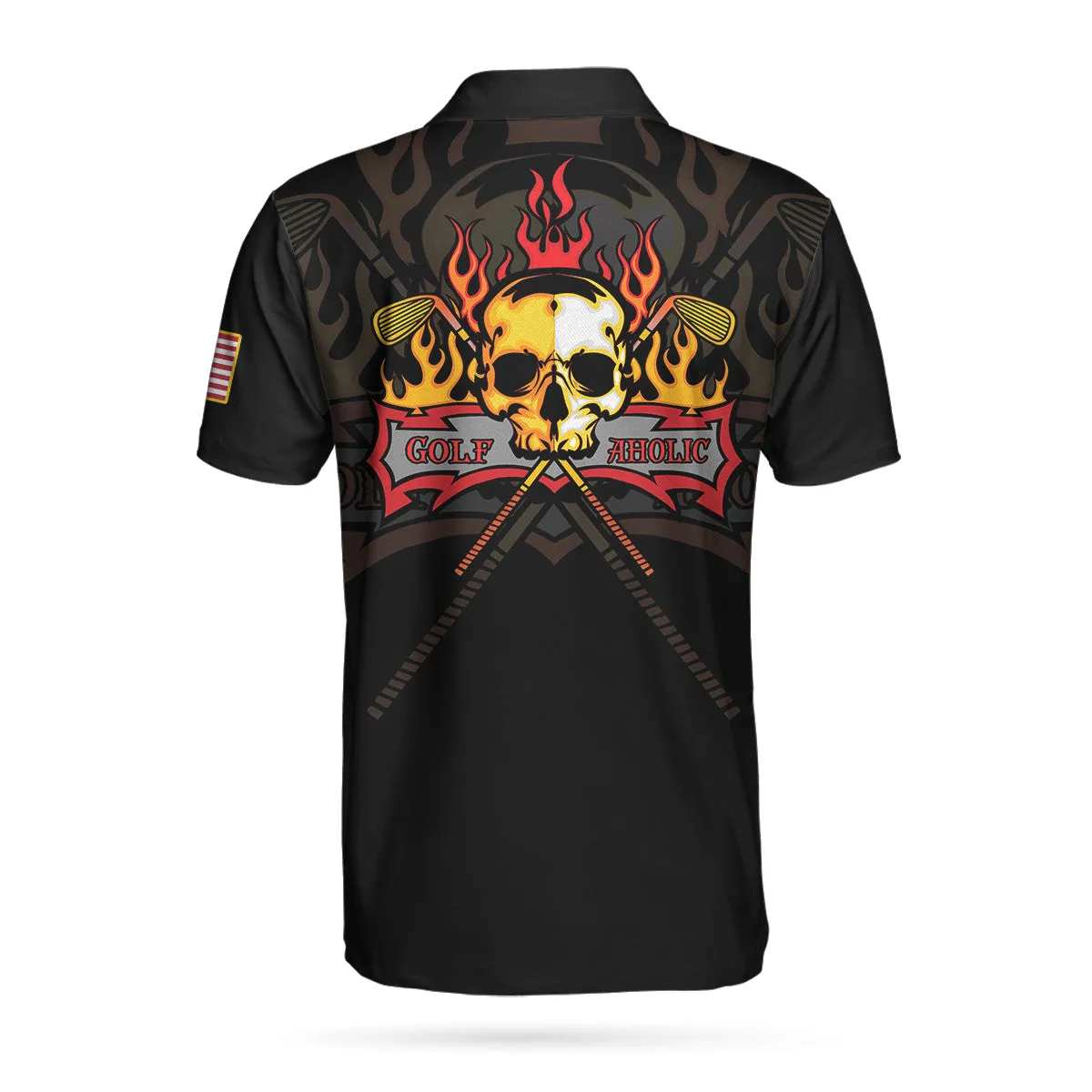 Golf Flame Skull Short Sleeve Golf Polo Shirt, Black American Flag Golf Shirt For Men, Cool Gift For Golfers Coolspod