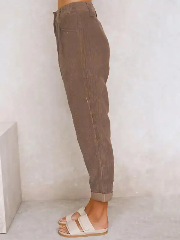 High Waist Lounge Pants Solid Color Corduroy Loose Straight Leg Trousers