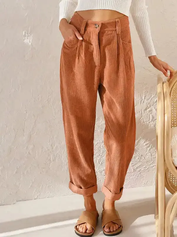 High Waist Lounge Pants Solid Color Corduroy Loose Straight Leg Trousers