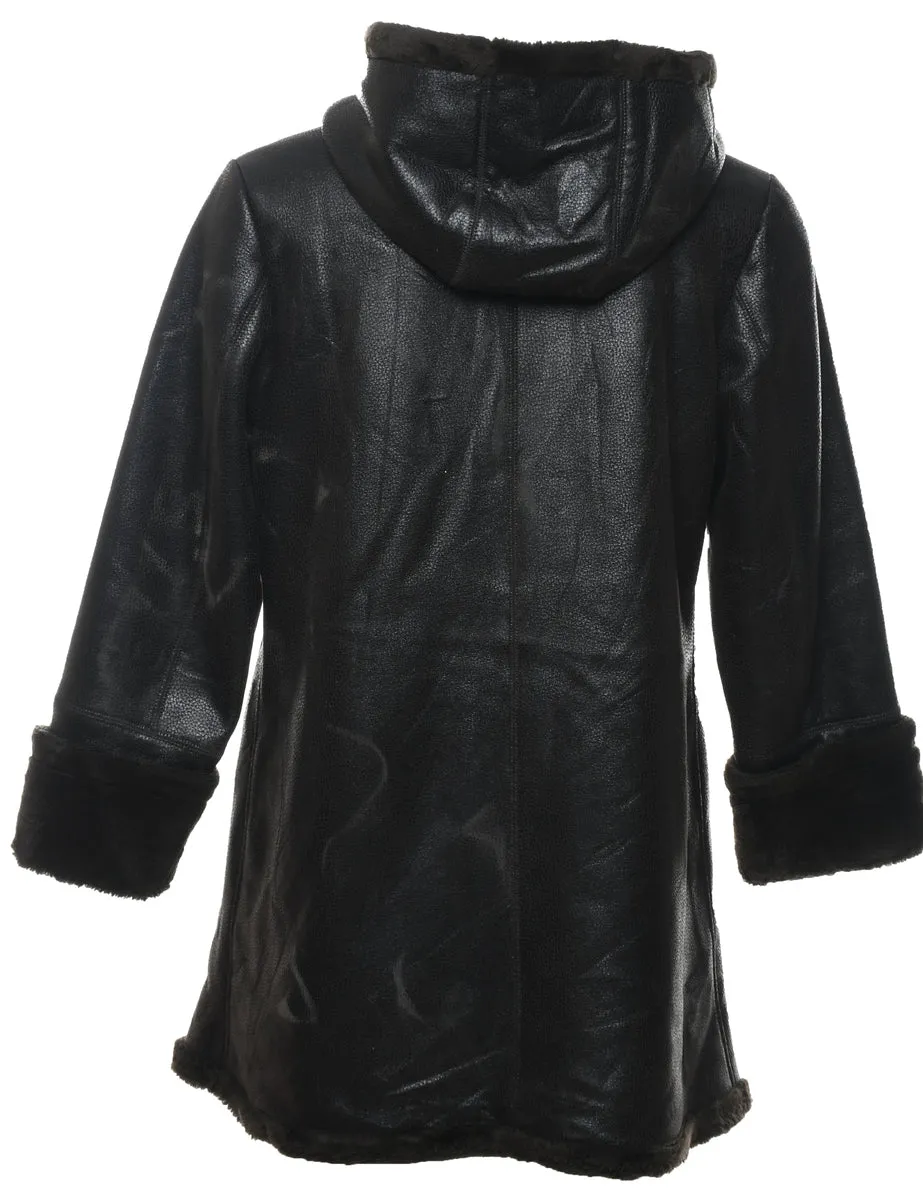 Hooded Black Leather Faux Shearling Lined Jacket - S