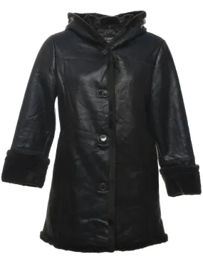 Hooded Black Leather Faux Shearling Lined Jacket - S