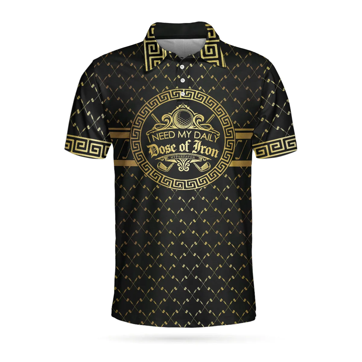 I Need My Daily Dose Of Iron Black & Gold Polo Shirt, Luxury Golden Greek Golf Shirt For Men Coolspod