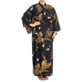 Japanese Kimono Crane Print Long Navy XL